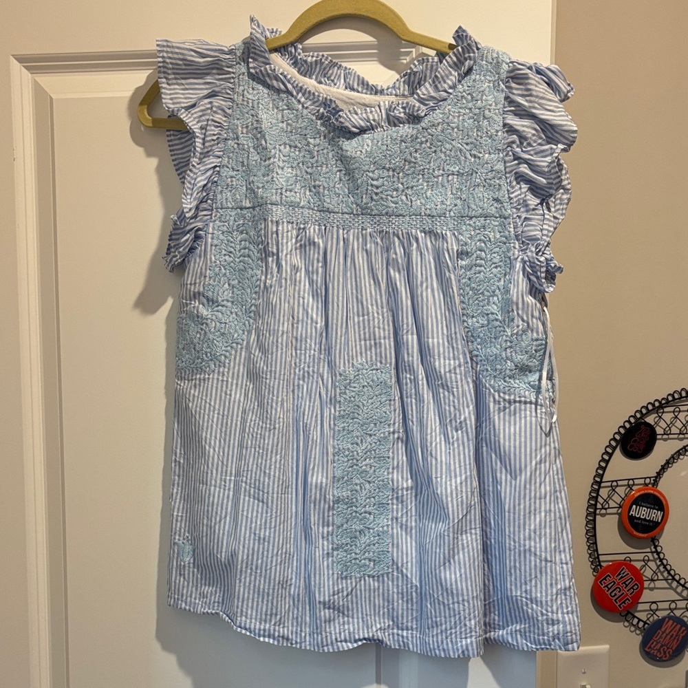J.Marie Blue Seersucker Embroidered Top